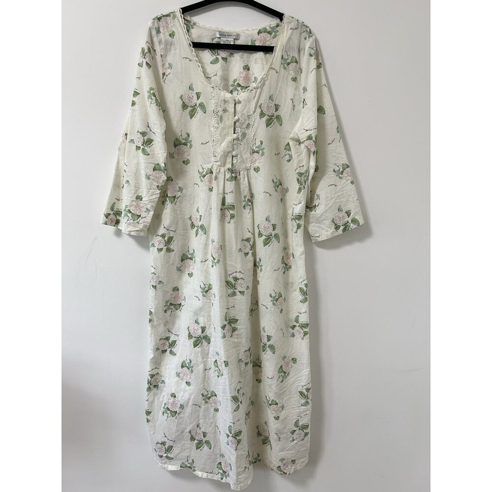 Laura Ashley Cream Floral Cotton Nightgown with Green and Pink Print
